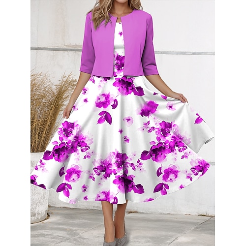 Damen Zwei-Teiler Kleid Sets Midi Kleid mit Jacke Elegantes A-Linien Kleid Halbarm Casual Blumenmuster Rundhals Date Pink Blau Lila Regelmäßige Passform Image