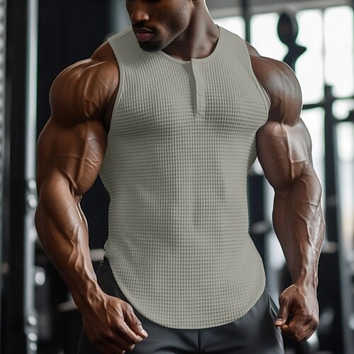 Herren Waffel-Tanktop Henley Hemd Weste Unterhemd Ärmellos Henley Sommer Einfach Mode Designer Muskel Knöpfe Outdoor Ausgehen Fitnessstudio Schwarz Weiß Hellblau Top T-Shirt für Herren Image