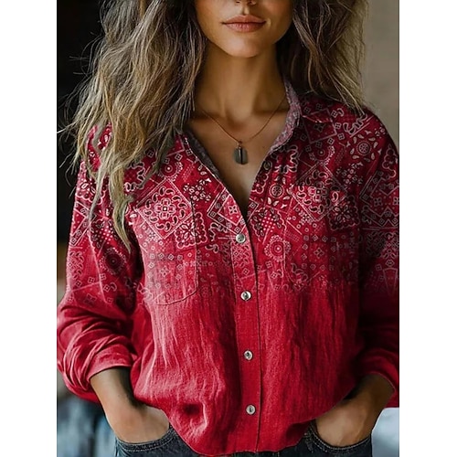 Damen Hemd Boho-Hemd Tasche Knöpfe Druck Blumen Paisley-Muster Stilvoll Modern Langarm Hemdkragen Normale Oberteile Täglich Ferien Blau Kastanienbraun Schwarz Gelb Wein Sommer Image