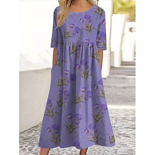 Damen Midikleid Freizeitkleid Skaterkleid Sommerkleid Mode Modern Täglich Wochenende Herbstkleid Normale Passform Blumen Halbarm V Ausschnitt Blau Weiß Purpur Khaki Herbst Image