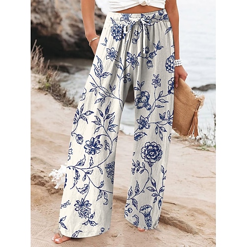 Damen Weites Bein Chinos Baggy-Hosen Strandshorts Urlaub Vintage Mode Volle Länge Hohe Taille Blumen Grafik Drucken Thermowarm Weich Atmungsaktiv Mikroelastisch Lässig Täglich Urlaub Schwarz Rosa Image