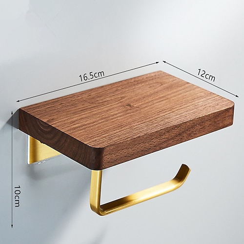 Toilettenpapierhalter fürs Badezimmer, Toilettenpapierhalter aus Walnussholz, massives Messing, hochwertiger Toilettenpapierhalter im Hotelstil, mit Handy-Aufbewahrungsfunktion, Gold-Finish Image