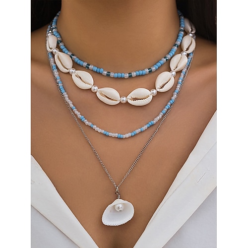 Damen-Halskettenset im Boho-Stil mit Muscheln und Perlen – türkisfarbener Anhänger im Strandstil und goldene Charms für Sommerferien und Festivals Image