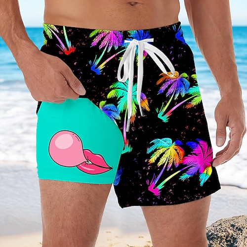 Herren Kokospalme Tropische Pflanzen Kaugummi Gefütterte Shorts 2 in 1 Badeshorts Badeshorts Mittlere Taille Hawaiianisch Urlaub Seitentaschen Mit Kompressionsfutter Elastischer Kordelzug in der Image