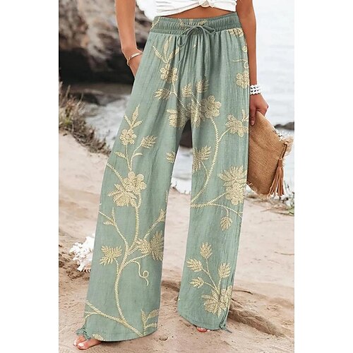 Damen Weites Bein Chinos Baggy-Hosen Strandshorts Urlaub Vintage Mode Volle Länge Hohe Taille Blumen Grafik Drucken Thermowarm Weich Atmungsaktiv Mikroelastisch Lässig Täglich Urlaub Rubinrot Wei Image