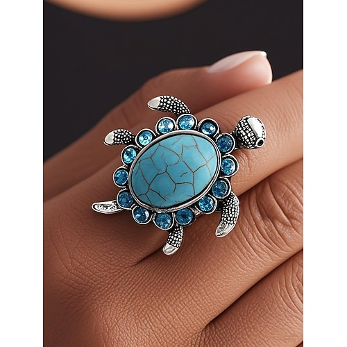 Damen Vintage Schildkrötenring mit blau-türkisem Edelstein – Boho Tierschmuck für Strandurlaub, Festivals und Freizeit Image