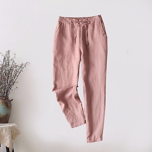 Damen Kunstbaumwollleinen Stoffhosen Haremshose Lässig Volle Länge Natürliche Taille Einfach Tasche Elastisches Kordelzugdesign Außenbereich Bequem Straße Alltagskleidung Aprikose Schwarz Weiß Rosa Image