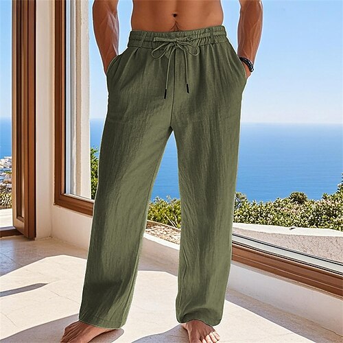 Herren Leinenhosen Hose Sommerhose Strandhose Kordelzug Tasche Elastischer Bund Einfach Komfort Atmungsaktiv Urlaub Täglich Ferien Hawaiianisch Boho Schwarz Weiß Image