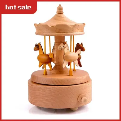 Carousel Music Box Wooden Music Box Turn Horse Shaped Wood Crafts Birthday Gifts Home Decor