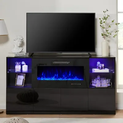 Modern High Gloss 68" Fireplace TV Stand, Media Entertainment Center with Fireplace & LED Lights for
