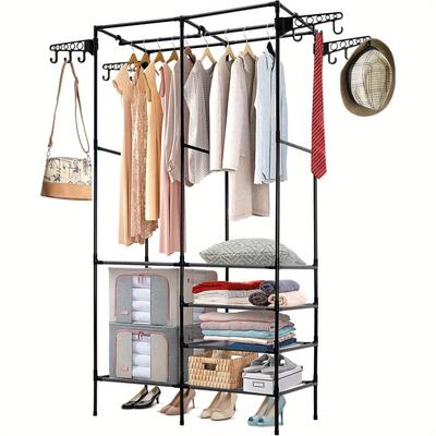 TEMU Clothes Rack With Shelves, Hooks, Shoe Storage, Multifunctional Coat Stand Made Of Metal, Standing Shelf With Hanging Shelf, , Black Clothes Rack, Baskets, Bins & Containers For Home Organization Image
