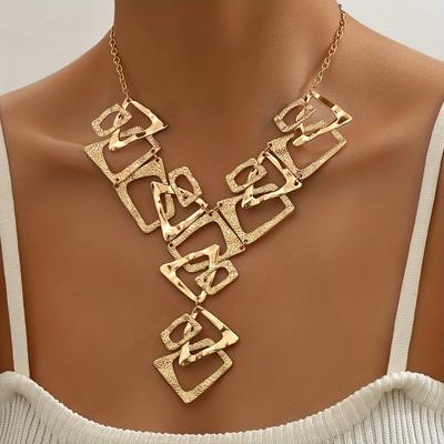 TEMU 1pc Women's Y-shape Necklace - Geometric Triangle & Square Texture Golden-tone Metal, Vintage Modern Irregular Design For Everyday & Party Jewelry, Versatile Accessory, Goldtone Finish Image