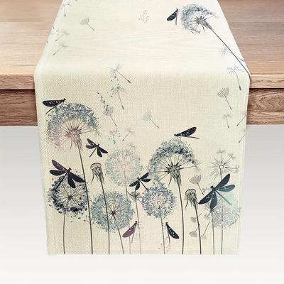 TEMU Elegant Dandelion And Dragonfly Table Runner - 1pc, Linen Rectangular Weave, Antique Botanical Design For Indoor & Outdoor Dining Decor, Floral , Kitchen, Holiday Decor Image