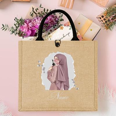 TEMU Custom Aesthetics Women's Jute Tote Bag - Personalized Gift For Mother & , Large Capacity, Durable, With Arabic Calligraphy, Outdoor, Travel, And Everyday Us Image