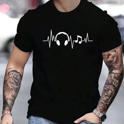 TEMU Men' Heartbeat Graphic T-shirt - 100% Cotton, Short Sleeve, Casual Fit, Wear, Machine Washable Image