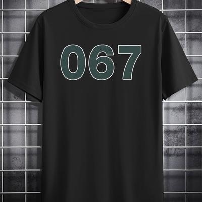 "TEMU Men's Casual Round Neck T-shirt With "067" Print - Black Polyester, Machine Washable, Ideal Gift For Him, Tshirt|trendy Print Shirt|smooth" Image