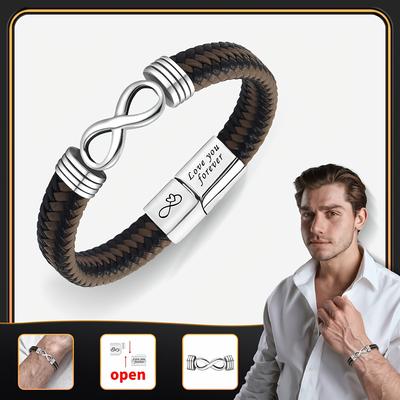 TEMU 1pc Vintage Infinity Symbol Men's Bracelet - Magnetic Clasp, Leather, Minimalist & Stylish - Ideal For Father's Day, Day, Easter, Thanksgiving, Graduation - Wear Image