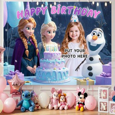 TEMU 1pc Anna Princess Birthday Backdrop - Custom Photo Polyester Fabric With Snowflakes, Balloons & Party Decor For Classroom, Office, Photo Studio, Birthday Party Supplies, Birthday Decorations Image