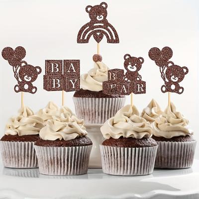 TEMU 24pcs Bear Cupcake Toppers - Adorable Brown Bear & Heart Designs, Glittery Shower & Birthday Party Decorations, Bamboo Material, Cakes And Desserts, Cake Decorating Supplies Image