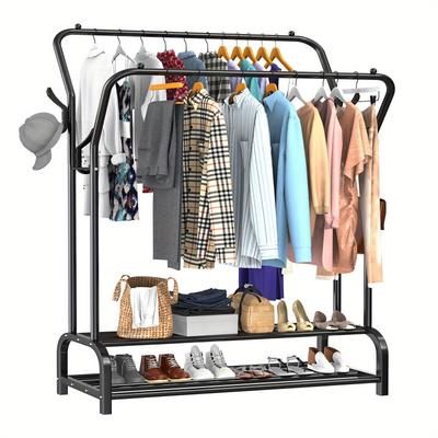 TEMU 146cm Tall Metal Double Rail Clothes Garment Hanging Rack Shelf Display Stand Image