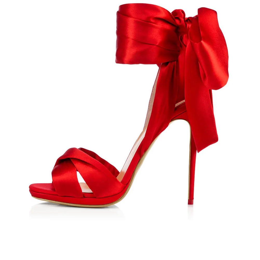 Sommer neue Satinschleife Kreuzband sexy offene Zehensandalen dünne hochhackige Bankettkleid maßgeschneiderte große Damenschuhe Image