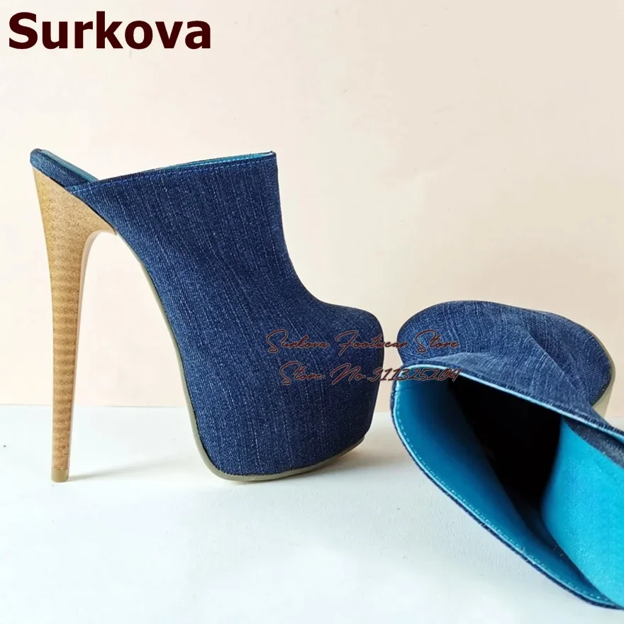 Surkova Frauen Blau Denim Pantoletten Holz Muster Gestreiften Stiletto Ferse Moderne Hausschuhe Jeans Plattform Slip-On Kleid Schuhe Dropship