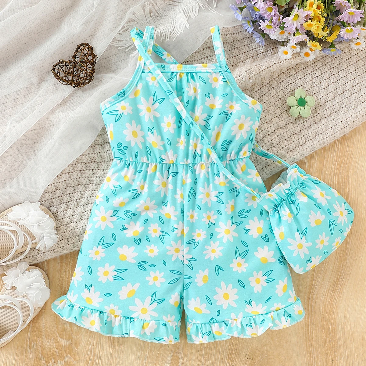 Baby Mädchen Baby modische lässige Blumen Ganzkörper bedruckter Strapsoverall (einschließlich Tasche, aber nicht Schuhe) Sommer Image