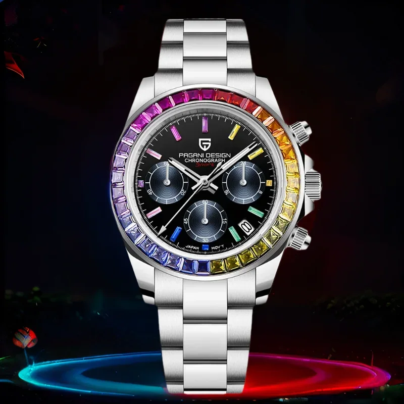 Neue PAGANI DESIGN 1664A Rainbow Lünette Herren Quarz Edelstahl 100M wasserdichte Herrenuhr VK63 Saphir Chronograph Image