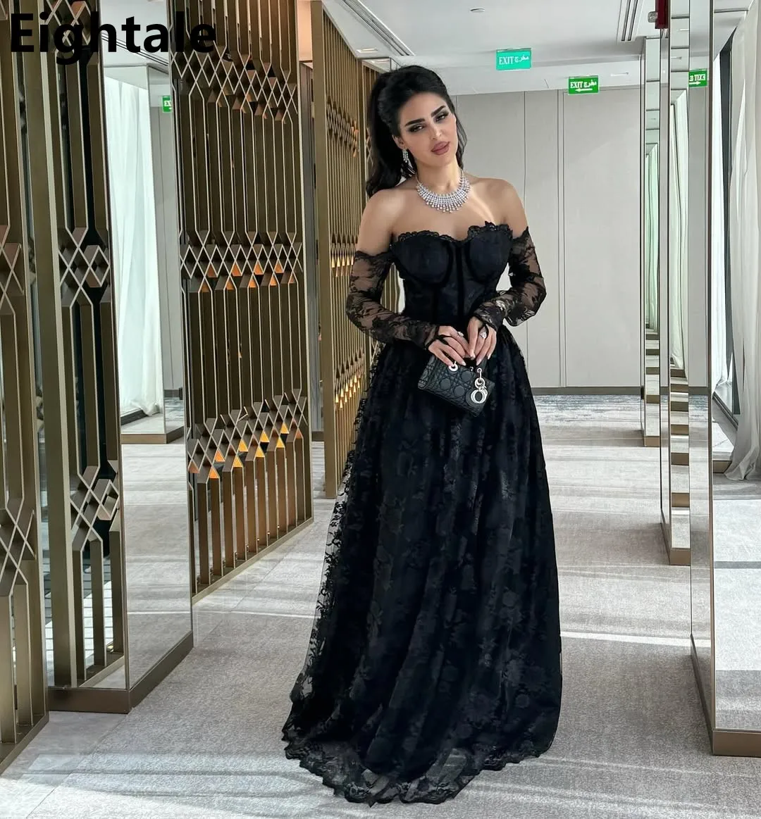 Eightale Schwarz Spitze Abendkleid A-linie Schatz Prom Party Kleid Frauen Dubai Formale Kleider Angepasst Image