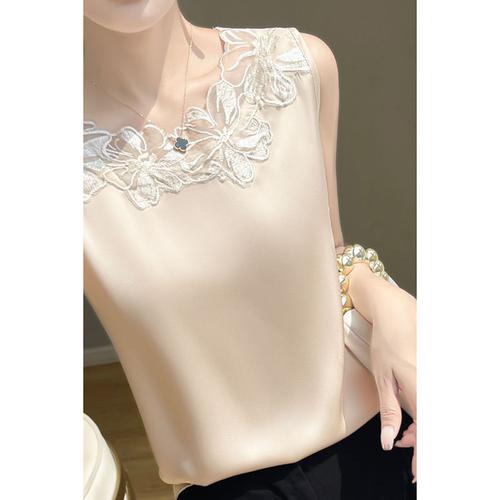 Women's Blouse Lace Tops Plain Modern Sleeveless Crew Neck Regular Tops Holiday Going out Lace Black White Champagne Summer