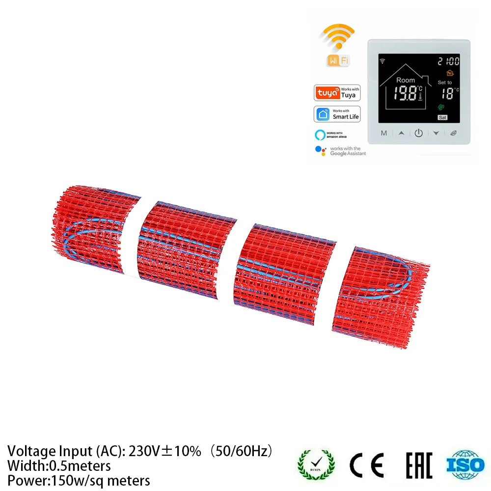 Elektrisches Fußbodenheizungsmatten-Set für gefliestes Steinholzlaminat, 230 V, 150 W/M2, mit weißem Touchscreen, WLAN, TUYA-Thermostat Image