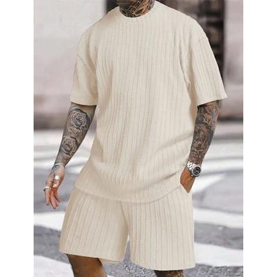 Men's T-shirt Suits Short Sleeve Jewel Neck Summer Spring Fall 3D Vortex Solid / Plain Color Traditional Jacquard Casual Daily Black Coffee Pink Top Tee for Men