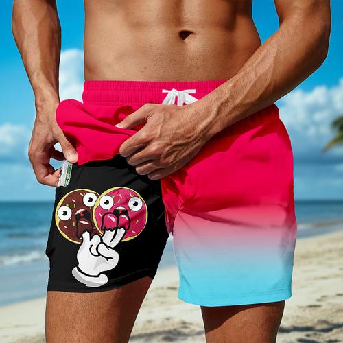 Men's Gradient Color Donuts Cartoon Hand Print Lined Shorts 2 in 1 Board Shorts Swim Shorts Mid Waist Hawaiian Vacation Side Pockets With Compression Liner Elastic Drawstring Waist Designer Clothing
