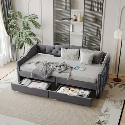 Twin Size Upholstered Daybed with Two Storage Drawers, Button-Tufted Sofa Daybed, Velvet Sofa Bed