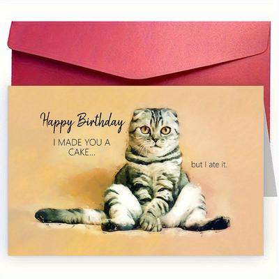 TEMU Funny Cat Birthday Card With Envelope, 12cm X 18cm - Pet Owners, Lovers, , , Son & Daughter - Creative Greeting Card With Unique Sitting , Super Birthday Wishes, Unusual Items, Image