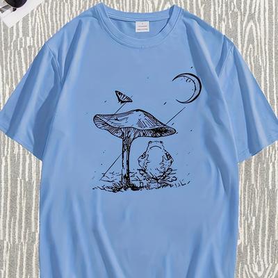TEMU Frog Mushroom And Moon Print Men' Shirt, Comfortable Tees For Men, Casual Breathable Short Sleeve T-shirt For Summer Wear Image