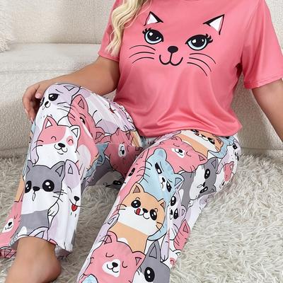 TEMU Women's Plus Size Sleepwear Set With Cute Cartoon Animal Print, Round Neck Short Sleeve And Pants For Image