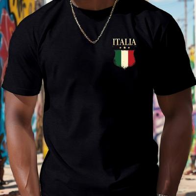TEMU Men's Casual Italia Print T-shirt - Short Sleeve, Crew Neck, Lightweight Summer Tee With , Black, Casual Summer Wear | Geometric Print Tee | Lightweight Image