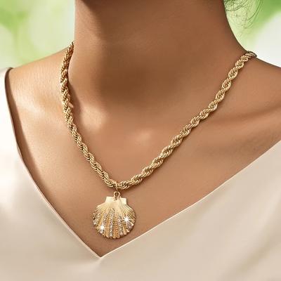 TEMU Bohemian Seashell Pendant Necklace For Women - 14k Golden Plated Iron Chain With Sparkling Accents, Versatile Everyday & Vacation Jewelry Gift Image