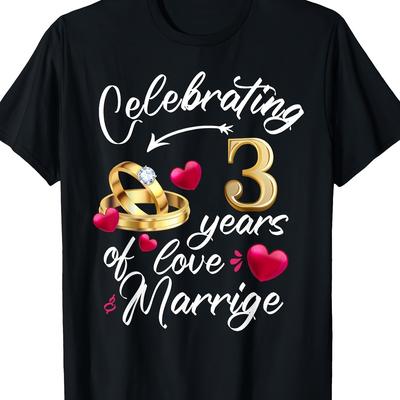 TEMU Men's 3rd Wedding Anniversary T-shirt - 100% Cotton 180gsm Black With Golden & Pink Accents, Celebrating 3 Years , Regular Fit Short Sleeve Round Neck Casual Shirt For Anniversary Gifts Image