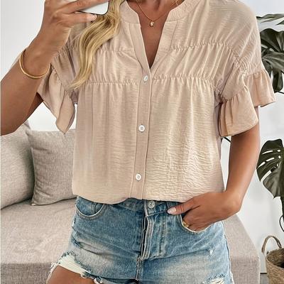 TEMU Women's Lightweight V-neck Blouse With Ruffle Sleeves - Casual Loose Fit, Button-up Shirt In Solid Beige, Summer Outfits, Ladies Blouses Image