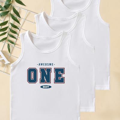 "TEMU 3pcs Royal Boys' Sleeveless Tank Tops - "awesome One" Cartoon Print, Summer Fashion & Sports Style, Machine Washable, Polyester, Round Neck, Non-transparent For Casual Wear" Image