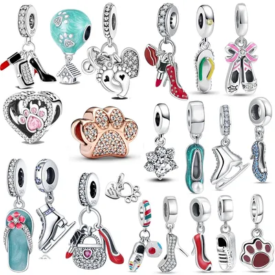 925 Sterling Silver Pave Print Paw Charm Bead Heels Slipper Skating Shoes Fit Original Bracelet Women Fashion Jewelry Diy Gift