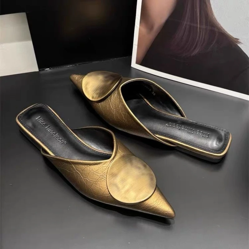 New Women's Mules 2025 Summer Fashion Pointed Toe Mules Metal Designer Sandals Women Slingback Comfortable Office High Heels