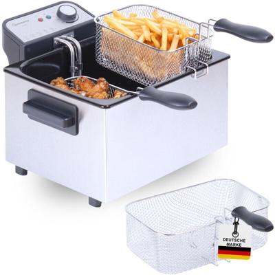 Sommertal - xxl Doppel-Fritteuse mit Öl oder Fett – 3 Körbe, 5 Liter, 3000 Watt, Kaltzone, DF3270 –