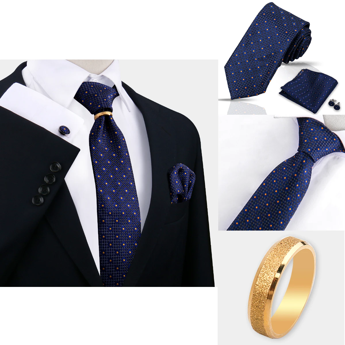 Krawatten-Set für Herren, Krawattenring, Taschentuch, Manschettenknöpfe mit goldenem Ring-Clip, Anzug für Hochzeit, Party-Accessoires, modische Gravats Image