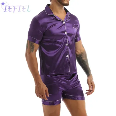 Männer zweiteilige Satin Schlaf Outfits Set Nachtwäsche Kurzarm und Shorts klassische Nachtwäsche Image