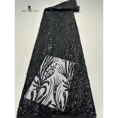 African French Sequins Lace Fabric 2024 High Quality Black Lace Nigerian Embroidery Tull Groom Lace