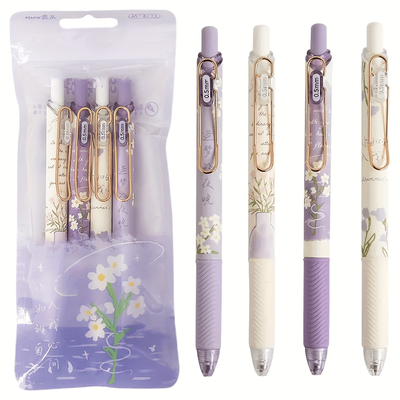 TEMU 4-pack Kawaii Flower Gel Ink Pens, 0.5mm Fine Point, Quick-drying Black Ink, Retractable Writing Pens With , Cute Aesthetic Stationery For Office And School Supplies Image