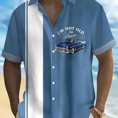 TEMU 1pc Men's Summer Casual Short Sleeve Shirt With Vintage Car Print, Polyester Fiber, Regular Fit, Breathable & Stretch, Classic Crew Neck Design Image